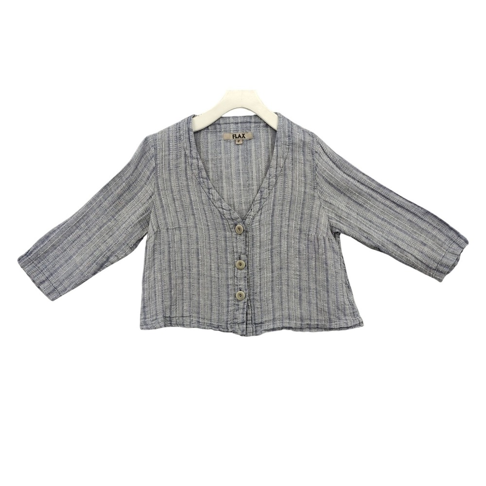 FLAX Women Coastal Grandma Lagenlook Linen Crop Cardigan Top P 4/6 Blue Striped